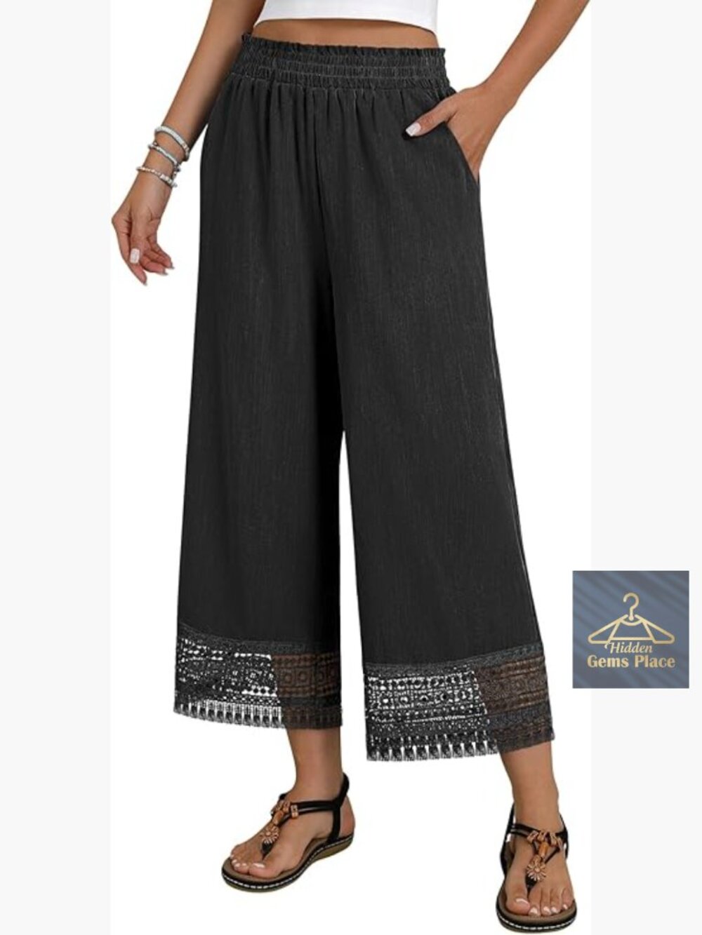 High Waisted Wide Leg Palazzo Pants Lace Trim Cropped Summer Lounge